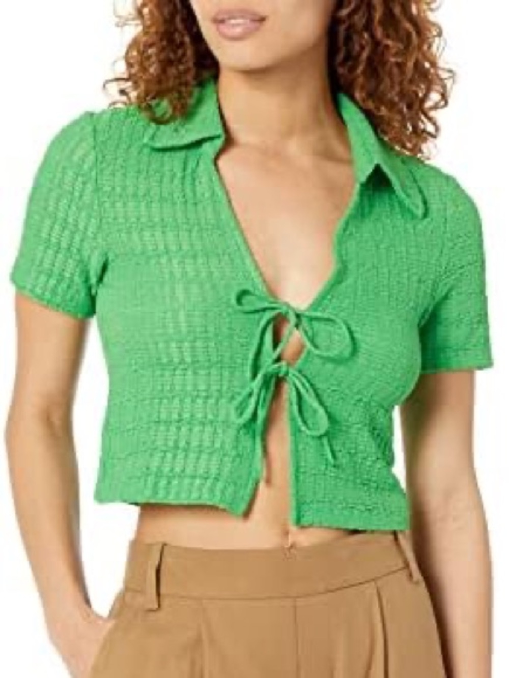 NWOT ASTR the Label "Zoey" Green Textured Tie-Front Crop Top-size L